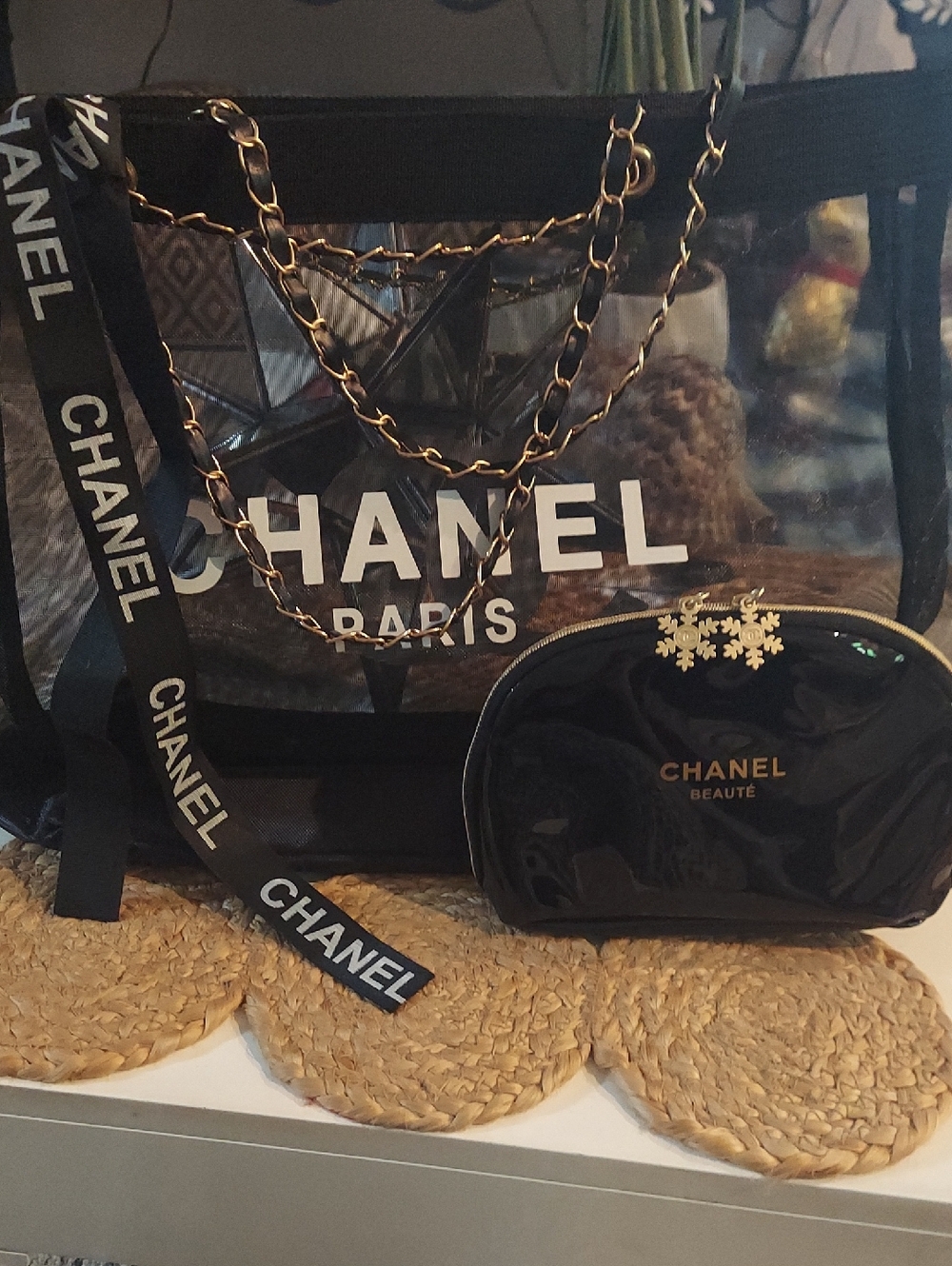 Paris Mesh Tote & Pouch Set Gold Hardware Shoulder Bag NIP